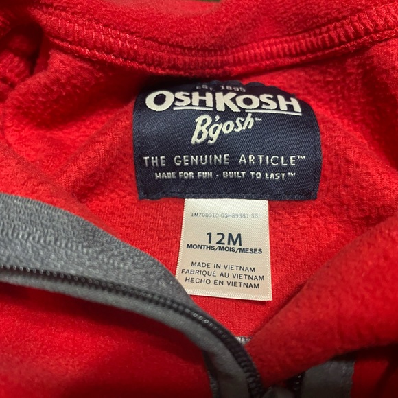 Osh Kosh Red Grey Pullover Fleece Color Block Half Zip Super Soft Size 12M - Picture 2 of 4